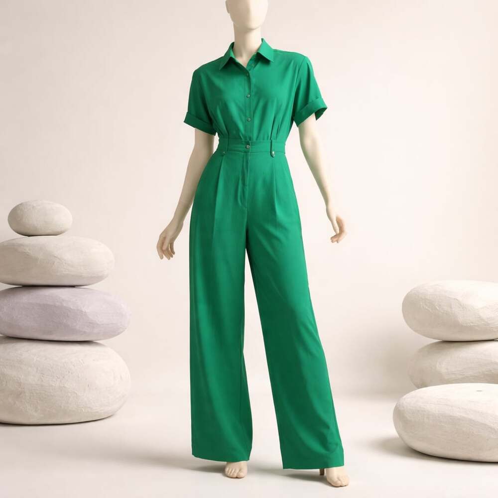 Mango MNG Green Sleeveless Wide Leg Shirt Jumpsuit Size M